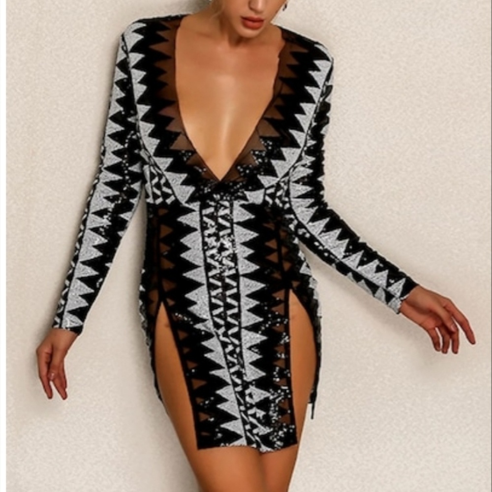 Long sleeve sequin dress with slits